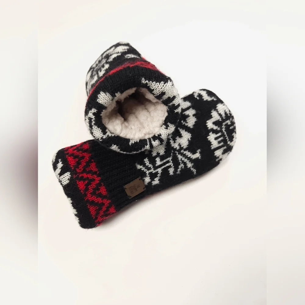 Upcycled Wool Sweater Mittens Black Red Floral Double Fleece Lined Adult M